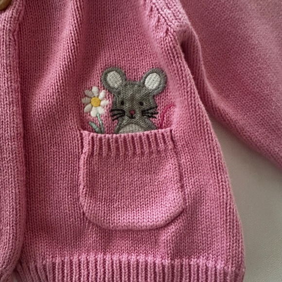 JoJo Maman Bebe 6-12 Months Baby Girl Pink Sweater Cardigan Mouse Flower Pocket - Picture 2 of 6